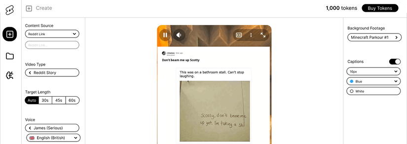 Instashorts create workspace showing a Reddit story video preview